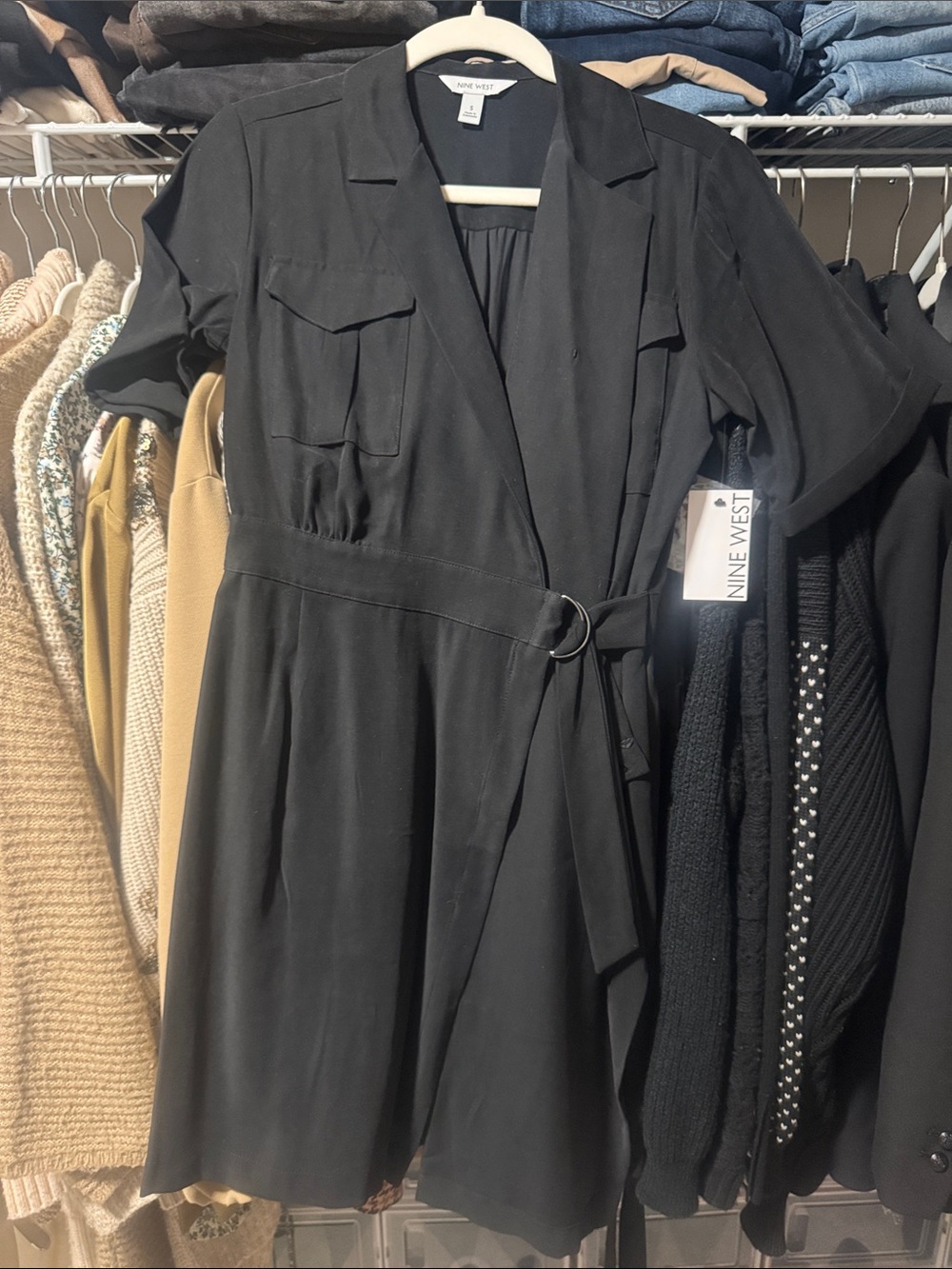 Nine West Black Short Sleeve Wrap Dress with D-Ring Belt
